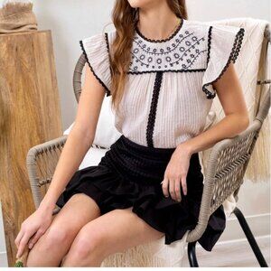 Vintage-Inspired Cream & Black Embroidered Ruffle Sleeve Blouse By Mine